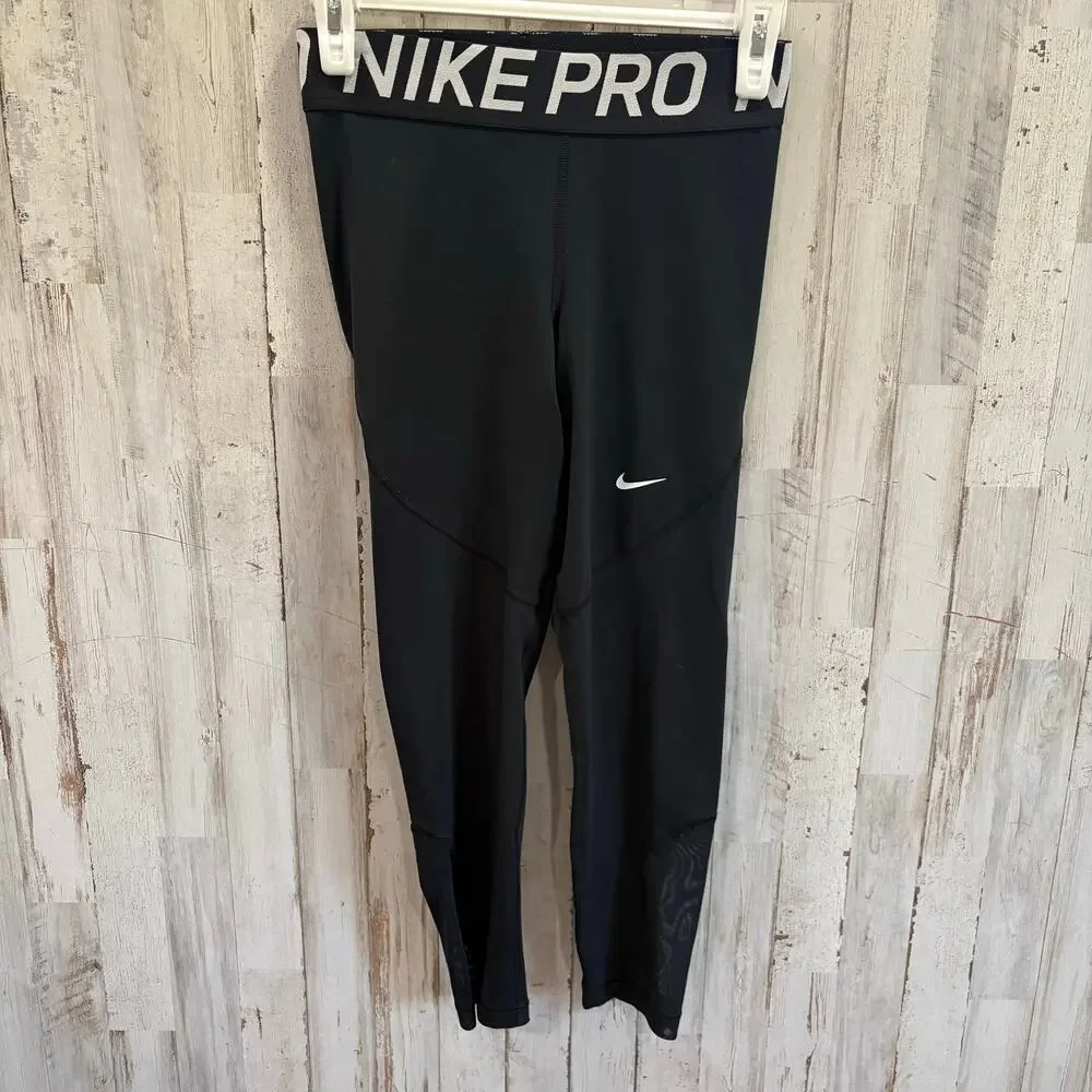 Nike Pro Mesh Logo Crop Training Tights AO9972 Black/White Womens Small